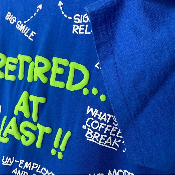 Vintage 1991 Retired At Last Blue Single Stitch T Shirt Made in USA Puff Print L - Picture 2 of 8